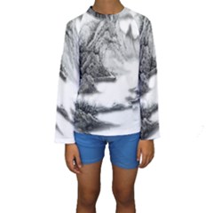 Ink-wash-painting-mountain-rolling-mountains Kids  Long Sleeve Swimwear by Jancukart