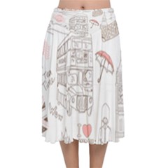 I Love London Drawing Velvet Flared Midi Skirt by Jancukart