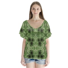 Folk Flowers Print Floral Pattern Ethnic Art V-neck Flutter Sleeve Top by Eskimos