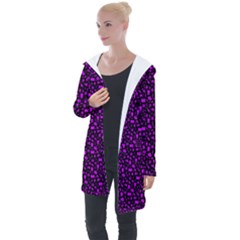 Small Bright Dayglo Purple Halloween Motifs Skulls, Spells & Cats On Spooky Black Longline Hooded Cardigan by PodArtist