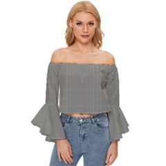 Small Soot Black And White Handpainted Houndstooth Check Watercolor Pattern Off Shoulder Flutter Bell Sleeve Top by PodArtist