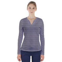 Soot Black And White Handpainted Houndstooth Check Watercolor Pattern V-neck Long Sleeve Top by PodArtist