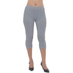 Soot Black And White Handpainted Houndstooth Check Watercolor Pattern Lightweight Velour Capri Leggings  by PodArtist