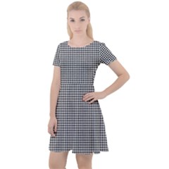 Soot Black And White Handpainted Houndstooth Check Watercolor Pattern Cap Sleeve Velour Dress  by PodArtist