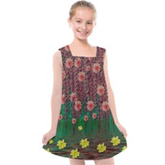 Floral Vines Over Lotus Pond In Meditative Tropical Style Kids  Cross Back Dress by pepitasart