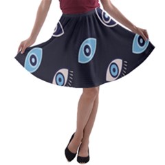 Eyes Evil Eye Blue Pattern Design A-line Skater Skirt by artworkshop