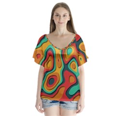 Paper Cut Abstract Pattern V-neck Flutter Sleeve Top by Amaryn4rt