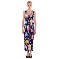 Cute-seamless-pattern-with-colorful-sweets-cakes-lollipops Fitted Maxi Dress by Wegoenart