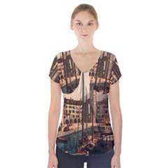 The Harbor, Riva, Lake Garda, Italy 1890-1900 2 Background Brown Short Sleeve Front Detail Top by ConteMonfrey