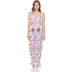 Illustration Rabbit Cartoon Background Pattern Sleeveless Tie Ankle Chiffon Jumpsuit by Sudhe