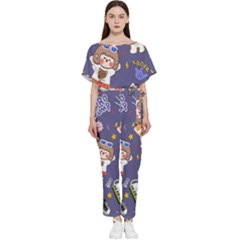Girl Cartoon Background Pattern Batwing Lightweight Chiffon Jumpsuit by Sudhe