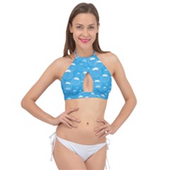 Pattern Blue Bubble Pattern Background Cross Front Halter Bikini Top by Amaryn4rt