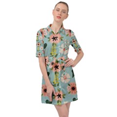 Illustration Flower White Pattern Floral Belted Shirt Dress by Amaryn4rt