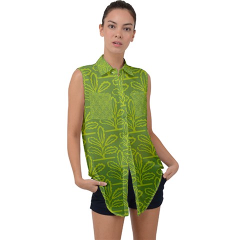 Oak Tree Nature Ongoing Pattern Sleeveless Chiffon Button Shirt by Mariart