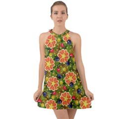 Fruits Star Blueberry Cherry Leaf Halter Tie Back Chiffon Dress by Ravend