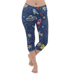 Illustration Cat Space Astronaut Rocket Maze Lightweight Velour Capri Yoga Leggings by Ravend