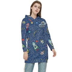 Illustration Cat Space Astronaut Rocket Maze Women s Long Oversized Pullover Hoodie by Ravend