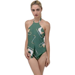 Gold Santa s Sleigh Green Print Go With The Flow One Piece Swimsuit by TetiBright