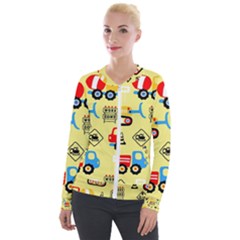 Seamless Pattern Vector Industrial Vehicle Cartoon Velvet Zip Up Jacket by Jancukart