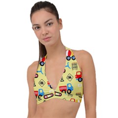 Seamless Pattern Vector Industrial Vehicle Cartoon Halter Plunge Bikini Top by Jancukart