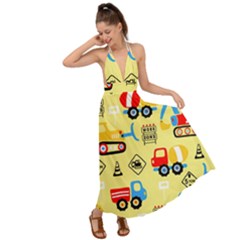 Seamless Pattern Vector Industrial Vehicle Cartoon Backless Maxi Beach Dress by Jancukart