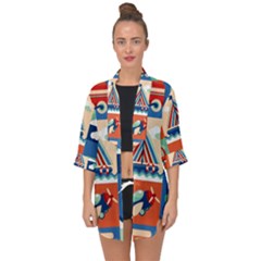 Toy Transport Cartoon Seamless-pattern-with-airplane-aerostat-sail Yacht Vector Illustration Open Front Chiffon Kimono by Jancukart