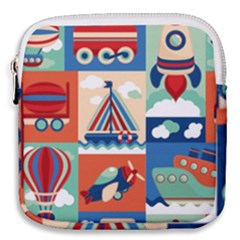 Toy Transport Cartoon Seamless-pattern-with-airplane-aerostat-sail Yacht Vector Illustration Mini Square Pouch by Jancukart