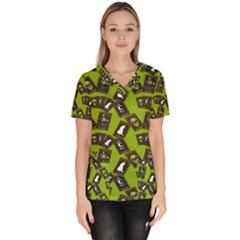 Cats And Skulls - Modern Halloween  Women s V-neck Scrub Top by ConteMonfrey