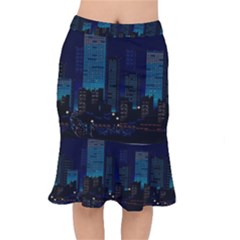 City Building Pixel Art Vaporwave Short Mermaid Skirt by danenraven