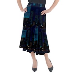 City Building Pixel Art Vaporwave Midi Mermaid Skirt by danenraven
