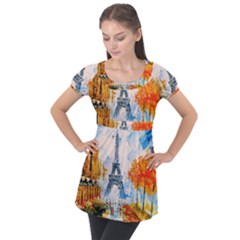 Eiffel Tower Landmark Architecture  Artistic Puff Sleeve Tunic Top by danenraven