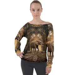Sculpture Travel Outdoor Nature Elephant Off Shoulder Long Sleeve Velour Top by Wegoenart