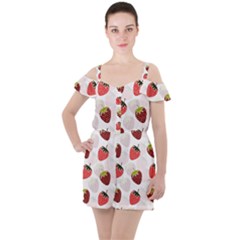 Strawberry Fruit Pattern Background Ruffle Cut Out Chiffon Playsuit by Wegoenart
