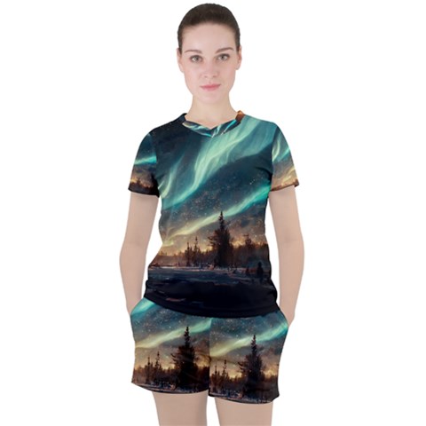 Northern Light North Sky Night Women s Tee And Shorts Set by Ravend