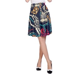 Vintage Art Tattoos Colorful Seamless Pattern A-line Skirt by Ravend