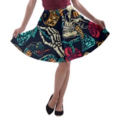 Vintage Art Tattoos Colorful Seamless Pattern A-line Skater Skirt by Ravend