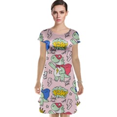 Seamless Pattern With Many Funny Cute Superhero Dinosaurs T-rex Mask Cloak With Comics Style Cap Sleeve Nightdress by Ravend