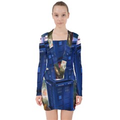 The Police Box Tardis Time Travel Device Used Doctor Who V-neck Bodycon Long Sleeve Dress by Jancukart