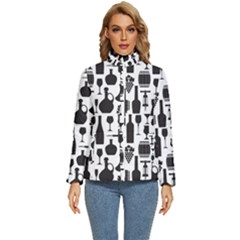 Wine Pattern Black White Women s Puffer Bubble Jacket Coat by Jancukart
