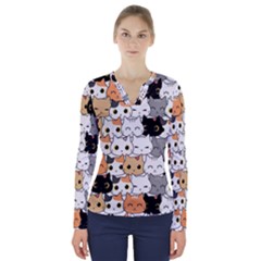 Cute-cat-kitten-cartoon-doodle-seamless-pattern V-neck Long Sleeve Top by Jancukart