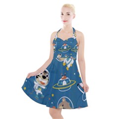 Seamless-pattern-funny-astronaut-outer-space-transportation Halter Party Swing Dress  by Jancukart
