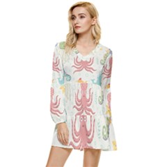 Underwater-seamless-pattern-light-background-funny Tiered Long Sleeve Mini Dress by Jancukart
