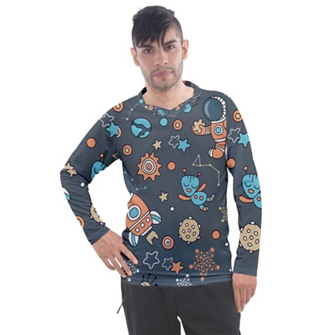 Rocketship Astronaut Space Seamless Pattern Men s Pique Long Sleeve Tee by Wegoenart