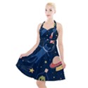 Seamless Pattern With Funny Alien Cat Galaxy Halter Party Swing Dress  View1