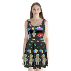 Seamless Pattern With Space Object Ufo Rocket Alien Hand Drawn Element Space Split Back Mini Dress  by Wegoenart