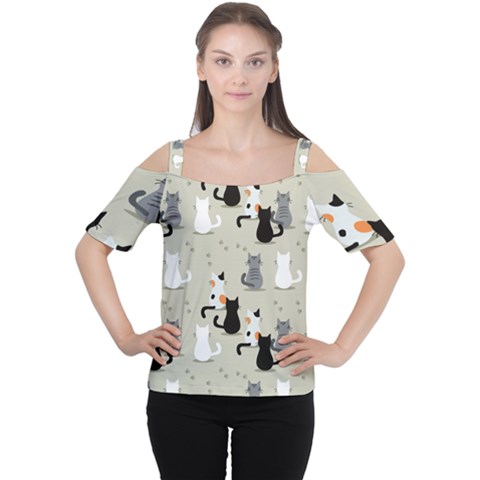 Cute-cat-seamless-pattern Cutout Shoulder Tee by Wegoenart