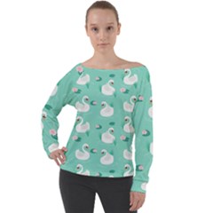 Elegant Swan Seamless Pattern Off Shoulder Long Sleeve Velour Top by Wegoenart