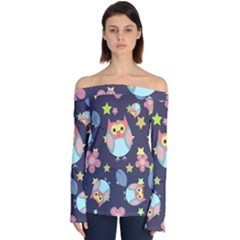 Owl Star Pattern Background Off Shoulder Long Sleeve Top by Wegoenart