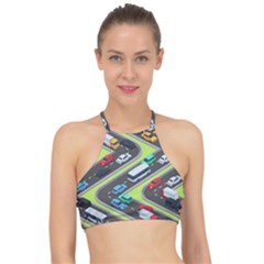 Urban Cars Seamless Texture Isometric Roads Car Traffic Seamless Pattern With Transport City Vector Racer Front Bikini Top by Wegoenart
