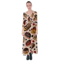 Seamless Pattern With Sweet Cakes Berries Button Up Maxi Dress by Wegoenart